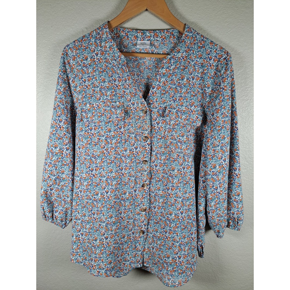Croft & Barrow Womens XL Blue Orange Floral Button Up 3/4 Sleeve Blouse Top